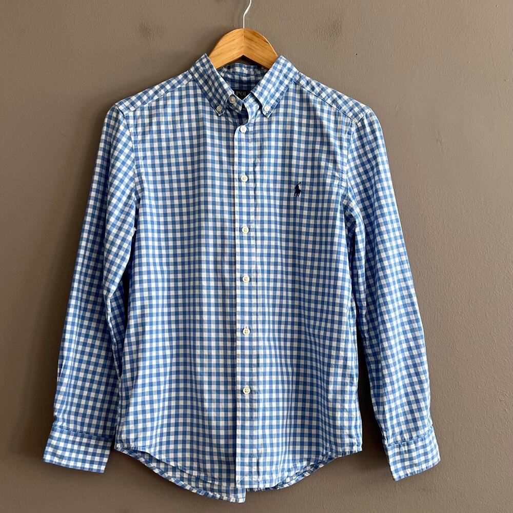 Polo Ralph Lauren Boys Shirt Button Cotton Poplin Blue White Gingham Large 14-16
